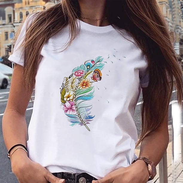 Pntutb Mujeres Niñas Tallas grandes Camisa con estampado de plumas Camiseta de manga corta Blusa tops Pntutb Pntutb-4298