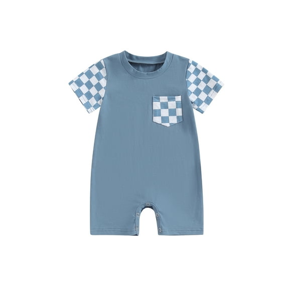 FEORJGP Infant Baby Boy Girls Summer Romper 0 3M 6M 12M 18M Toddler One-piece Jumpsuit Plaid Print Patchwork Short Sleeve Bodysuit Newborn Fashion Casual Cute Clothes for Daily Holiday