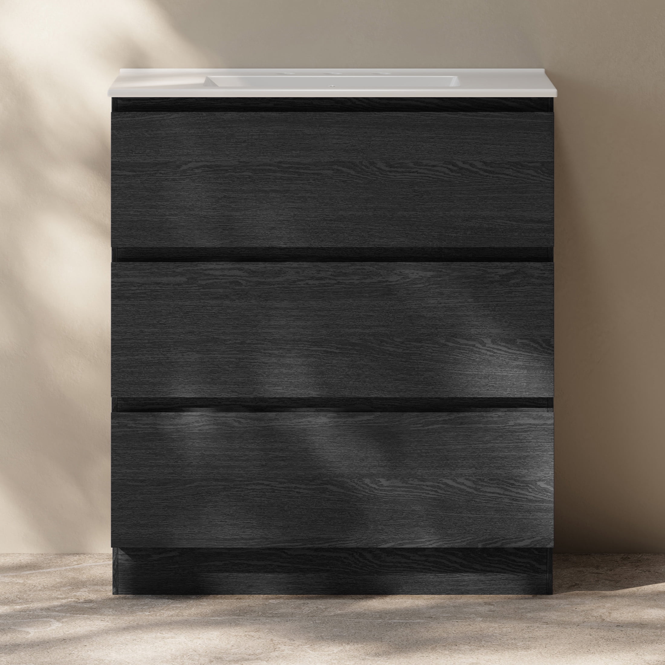 Liberte 30" Freestanding Bathroom Vanity in Black Oak with 3-Hole Widespread Sink Top