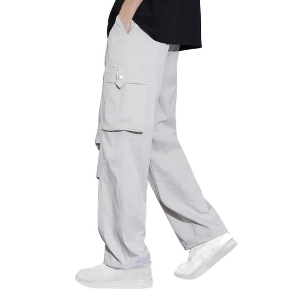 Ohufall Men's Cargo Pants Summer Lightweight Loose Fit Multi-Pocket Straight Leg Pants Cool Quick-drying Work Pant Solid Casual Elastic Waist Drawstring Trousers for Men