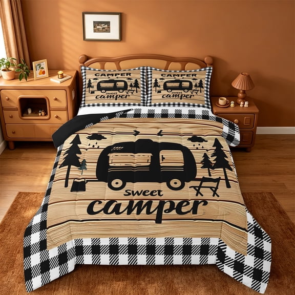 Catabedysis Plaid Camping Full Size Comforter Sets,Sweet Camper Print Bedding Comforter Set For Boys,Multicolor,Black Reversible,3pcs,1 Comforter and 2 Pillowcases