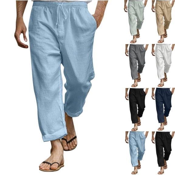 Yaoyar Men's Summer Faux Linen Drawstring Elastic Waist Straight Leg Pockets Breathable Lightweight Casual Trousers