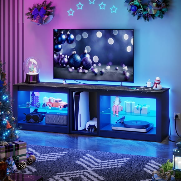 Bestier Modern TV Stand for 70" TV with Power Outlets, LED Entertainment Center for PS5, Black Marble