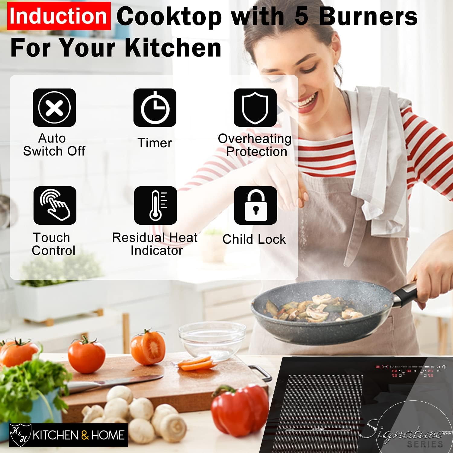 K&H SIGNATURE SERIES 5 Burner 36 Inch Built-in Induction FLEX Electric Stove Top Ceramic Cooktop SLIDER Touch Control 240V 9400W IN36-9400FLX