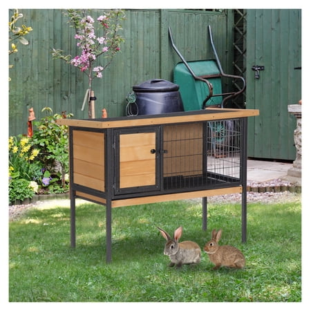 Rabbit Hutch Elevated Bunny Cage for Indoor/Outdoor Use, Metal Frame Small Animal Habitat with Asphalt Roof, Wire Pan for Rabbits, Guinea Pigs, Chickens