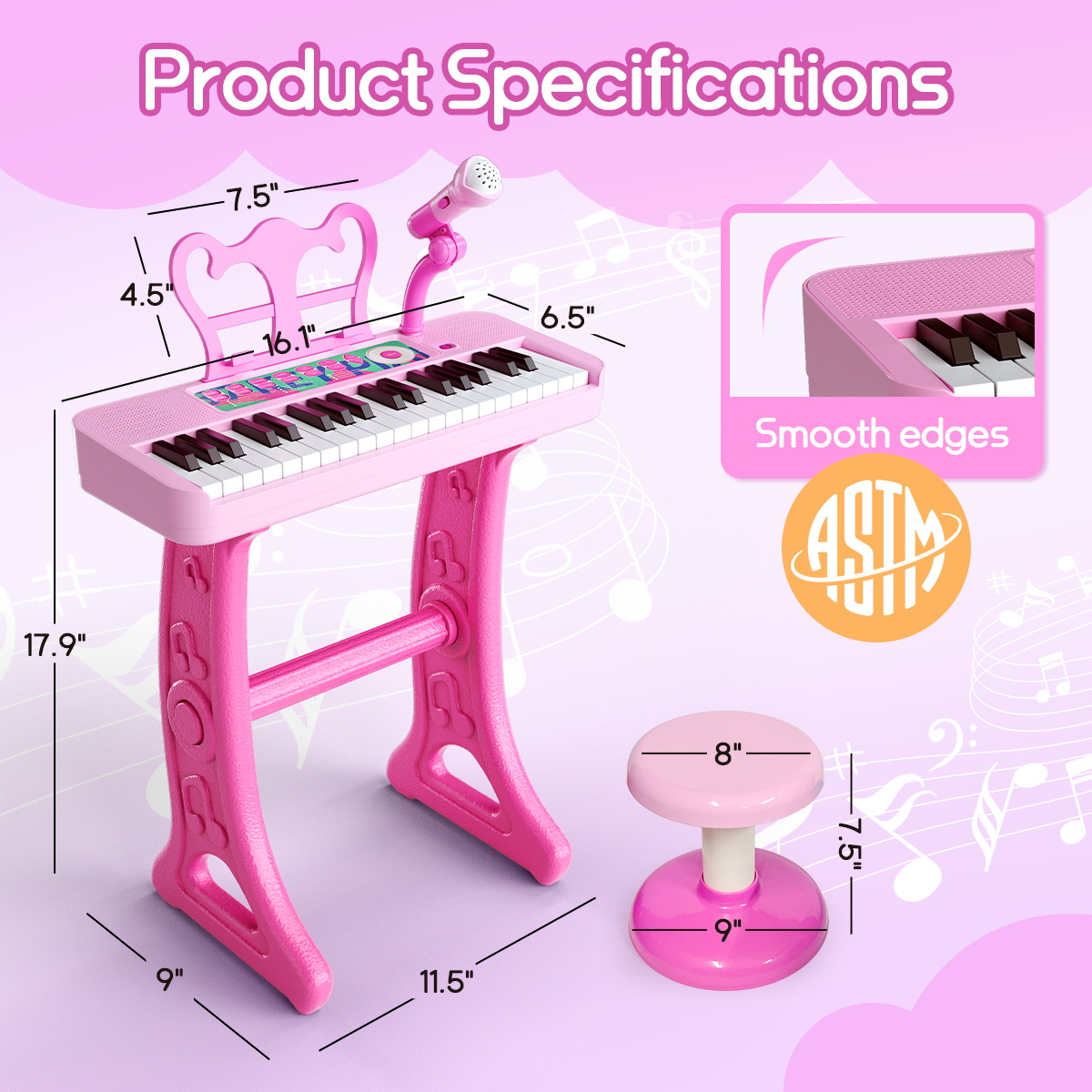 WLBES 37-Key Kids Piano with Stool and Microphone photo 4