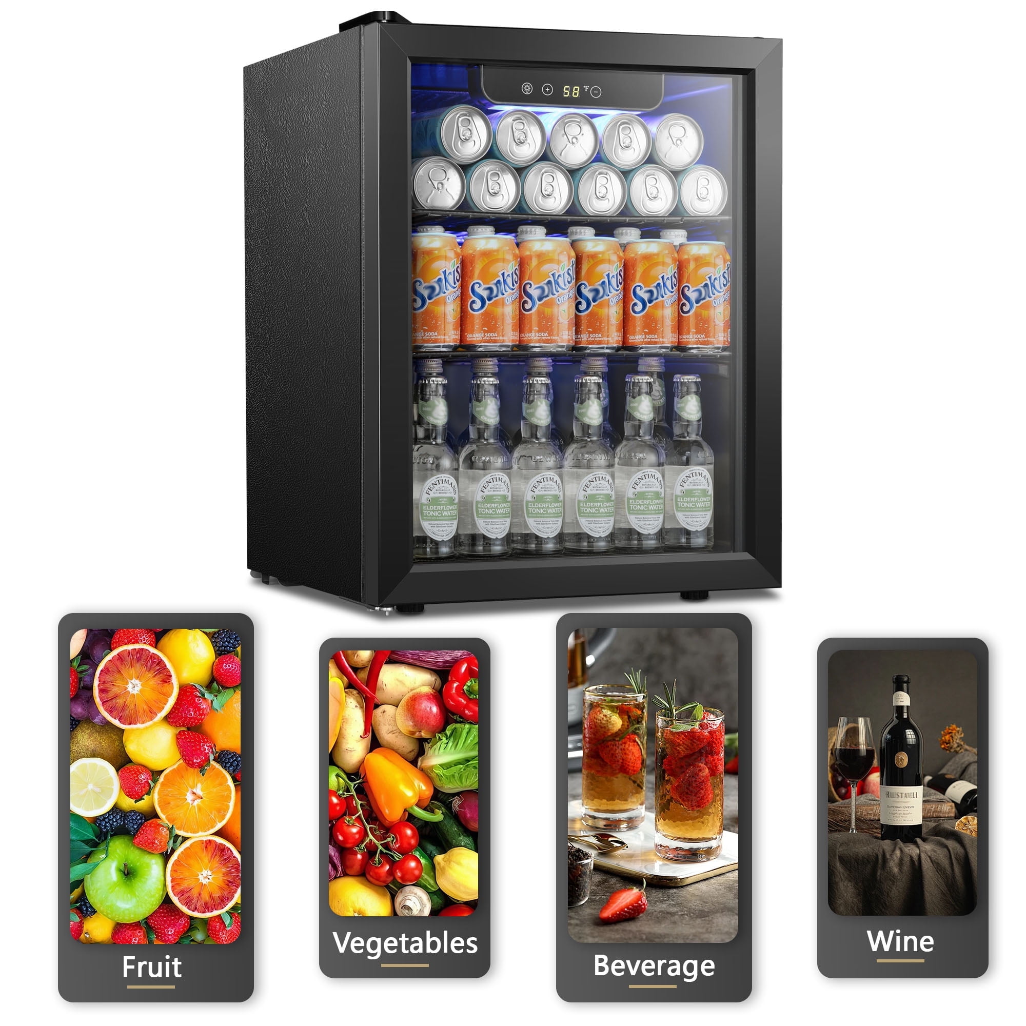 Electactic 1.7 Cu. ft. Beverage Refrigerator Cooler, 16 Bottle & 68 Cans Mini Wine Cooler with Glass & Exchangeable Door, Home/Bar/Office-Electactic