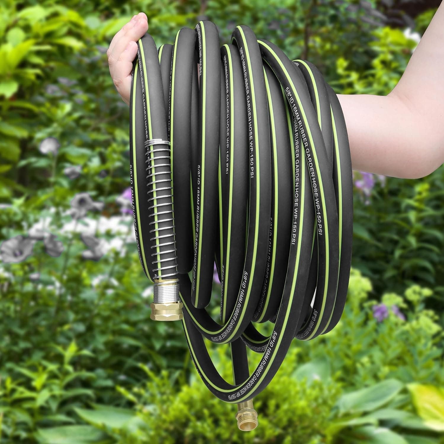 Rubber Garden Water Hose 50ft, 5/8" Leak Proof Garden Hose with Brass Connector, Flexible Hose Pipe for Lawn, Watering Cleaning & Washing