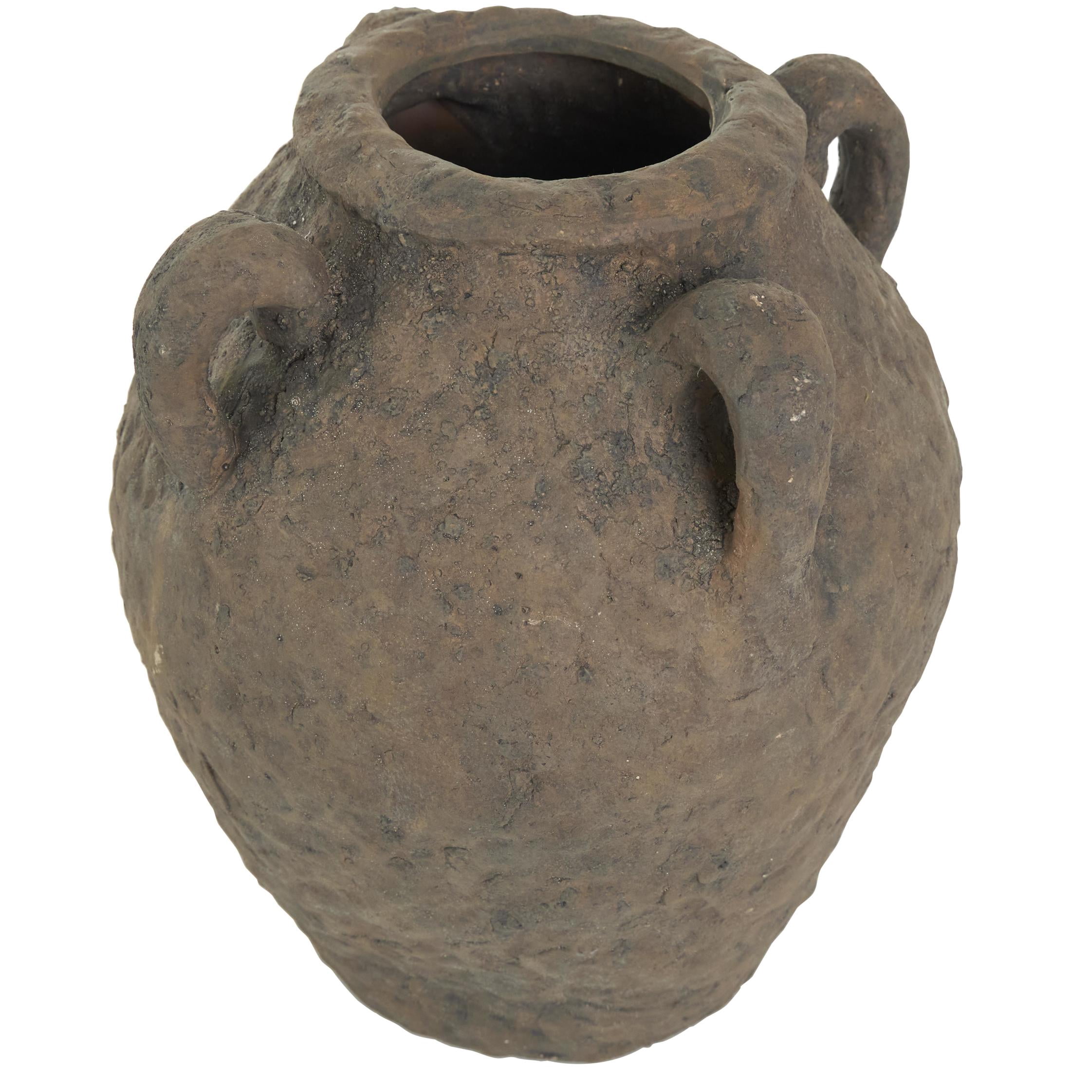 DecMode 12" Handmade Textured Dark Brown Ceramic Vase with Four Handles