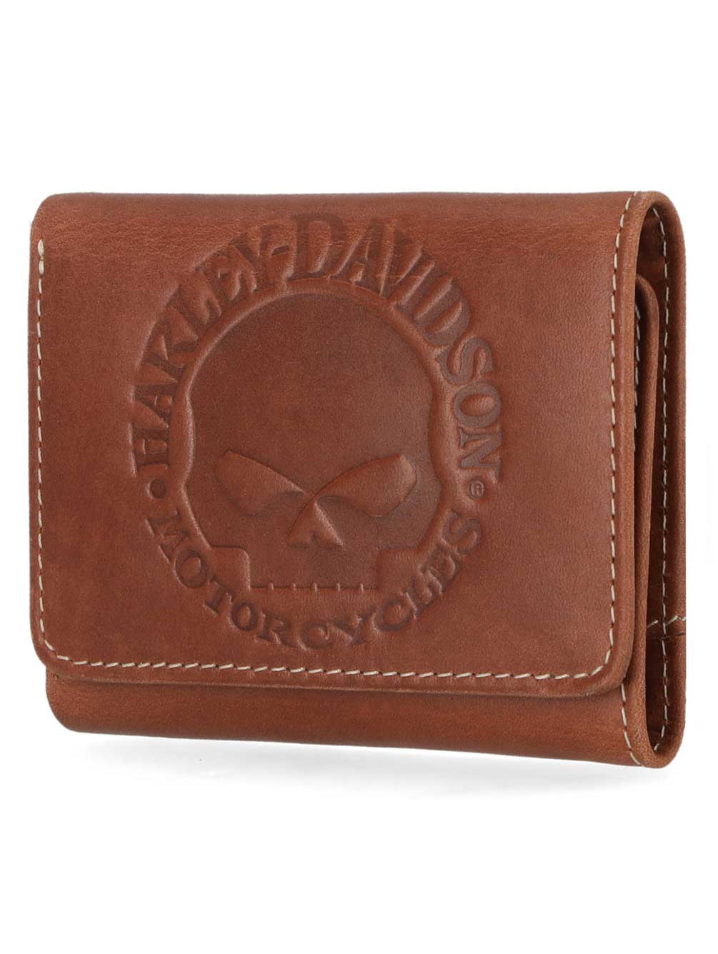 Harley-Davidson Men's Embossed Willie G Skull Tri-Fold Leather Wallet - Brown, Harley Davidson