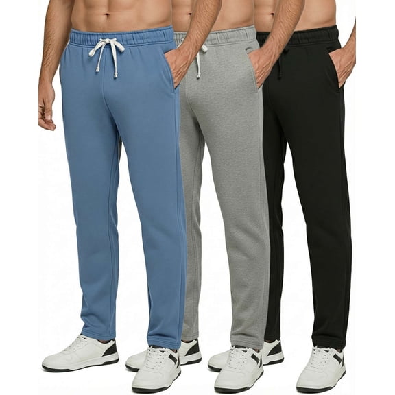 Real Essentials 3 Pack: Men's Tech Fleece Athletic Casual Open Bottom Sweatpants with Pockets (Available In Big & Tall)