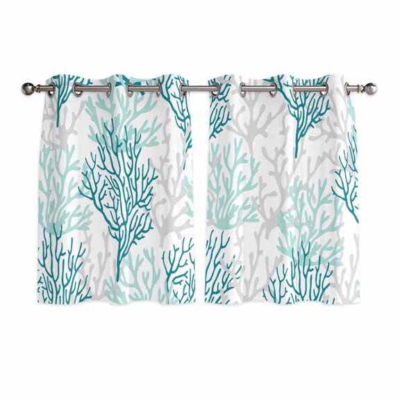 Teal Grey Coral Coastal Kitchen Curtains Short 54 Inch Length, Summer Beach Seaside Nautical Grommet Top Bedroom Living Room Curtains, Light Filtering Cafe Curtain Drapes 2 Panels Set 84''x54''