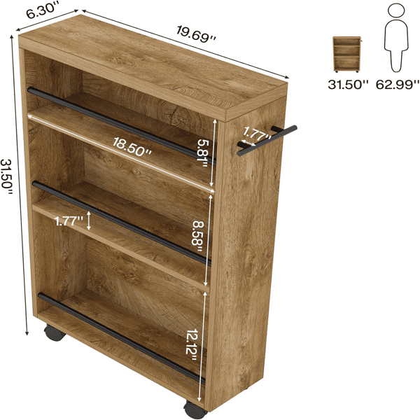 Slim Rolling Storage Cart - 6.3" Width, 3-Tier Shelves with Lockable Casters, 25lbs/Shelf Capacity - for Narrow Spaces in Kitchen, Laundry & Bathroom