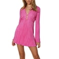 thumbnail image 4 of ZAXARRA Women's Spring Summer Short Dress Solid Color Long Sleeve V Neck Tie Up Party Dress, 4 of 9