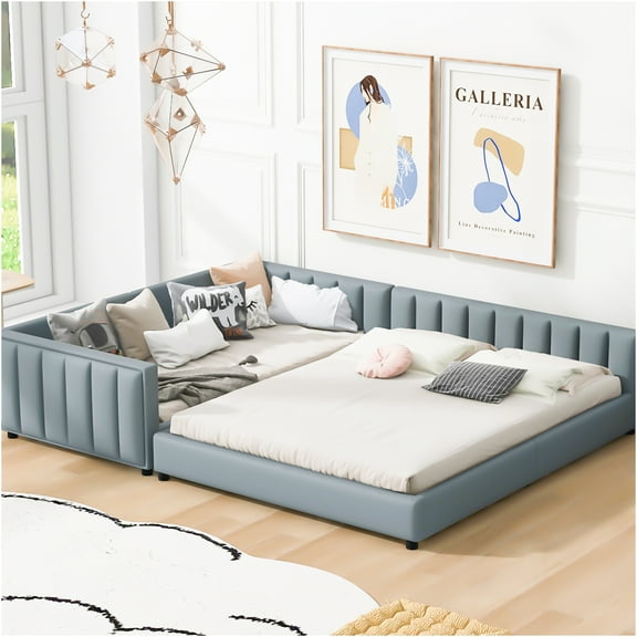 JERFIT Gray Modern Upholstered Queen Twin XL Platform Bed Set with Safety Rails, Convertible Daybed Sofa for Living Room, Guest Room