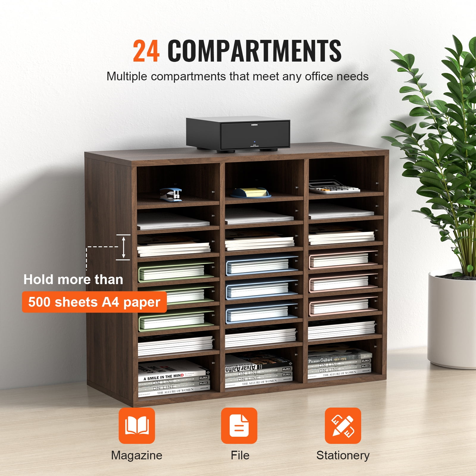VEVOR Wood Literature Organizer Adjustable File Sorter 24 Compartments Countertop Literature Organizer Paper Storage Holder Brown