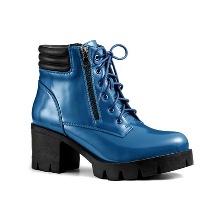 

BLISSFUL STEP Women s Rounded Toe Side Zip Combat Block Heel Ankle Boots Dark Blue 6