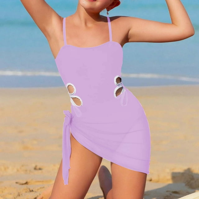 Trajes de baño para mujer, Trajes de baño para mujer Traje de baño de playa moderno con tiras huecas de colores contrastantes para niñas y adolescentes medianas y grandes + Falda cruzada de color liso