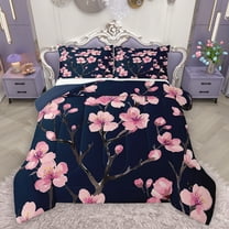 Manfei Pink Cherry Blossoms Full Size Comforter Sets, Japanese Style Bedding Comforter Set, Vintage Oil Printing Reversible Bedding Sets, Microfiber Bedroom Decor, 3-Piece
