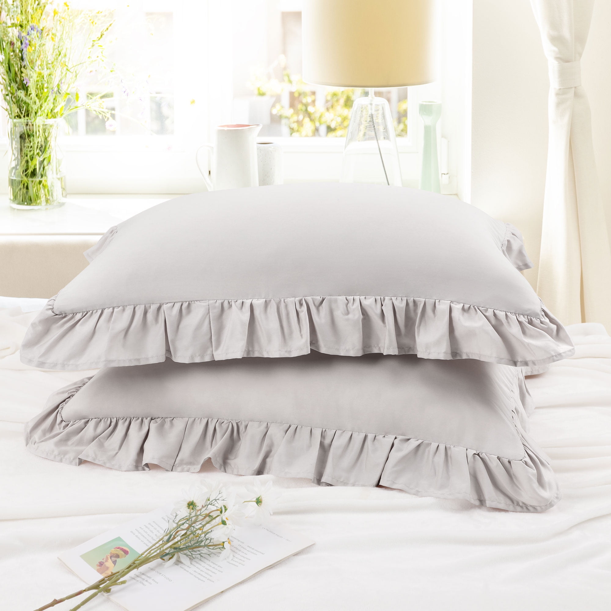 Unique Bargains 2 Pcs 100% Cotton Envelope Closure Ruffled Pillowcases Isabelline Standard