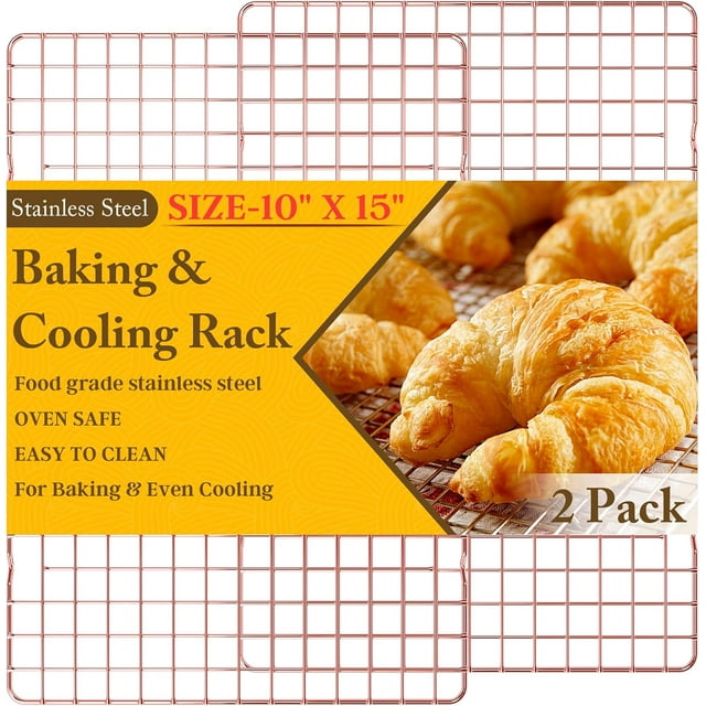 2-Pack Cooling Racks for Cooking and Baking - 10" x 15"Heavy Duty Stainless Steel Wire Rack for Baking, Grilling, Roasting - Oven & Dishwasher Safe - Fits Jelly Roll Sheet Pan(Rose Gold)