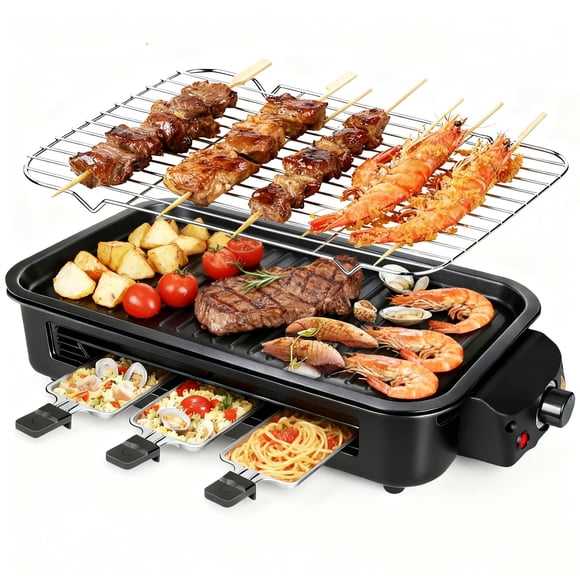2 in 1 Electric Indoor Grill 1700W - YOHAWJAN Black Smokeless Indoor Grill Pan with Grilling Net & Non-Stick Removable Griddle Pl