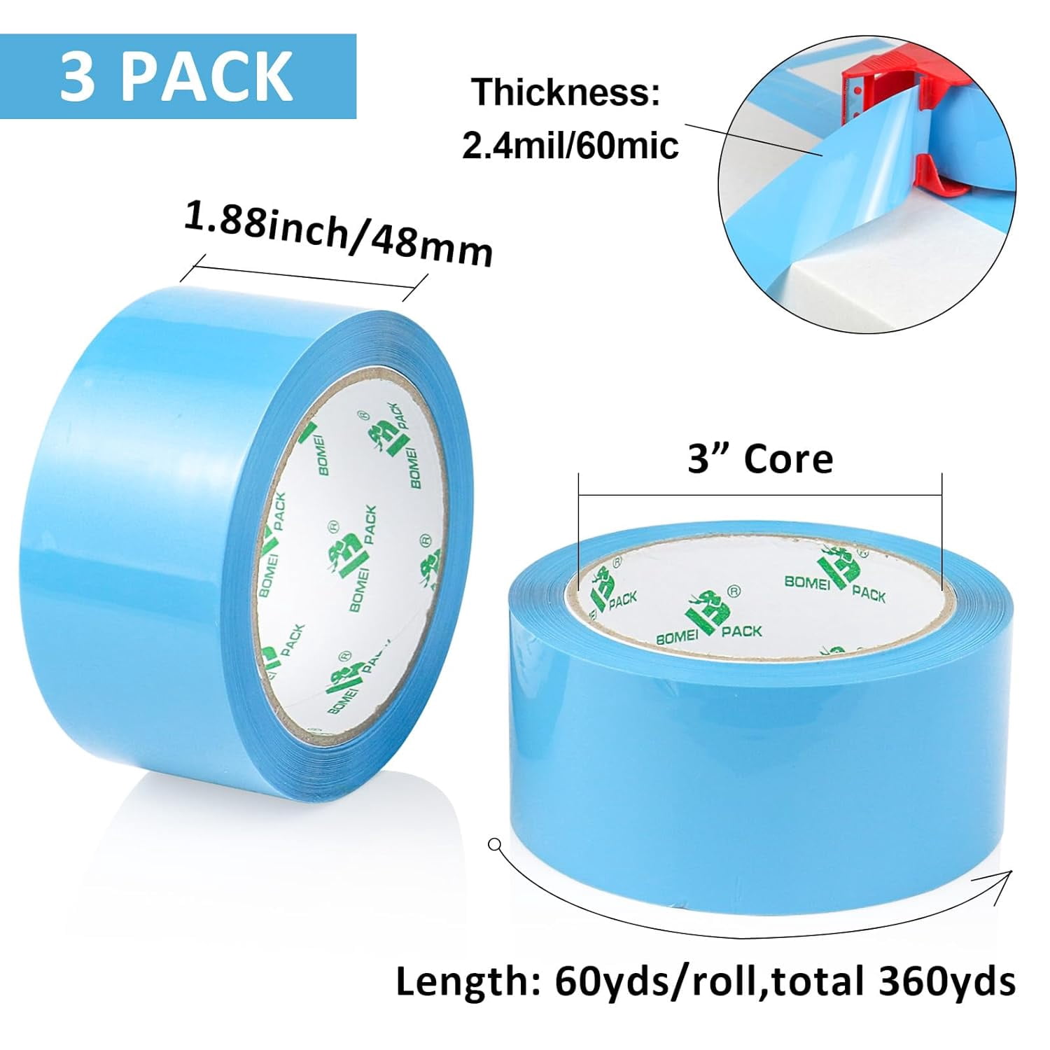 Heavy-duty colored packing tape, 3 rolls with fillable dispenser, blue packing tape 1.88 inches by 60 yards, industrial-grade corrugated box mailing tape, for moving, mailing, and storage