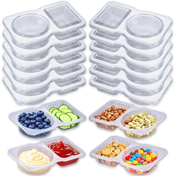 Vaelin 20 Pack 2-Compartment Condiment Containers with Lids, Reusable Plastic Dipping Sauce Cups for Meal Prep & Travel