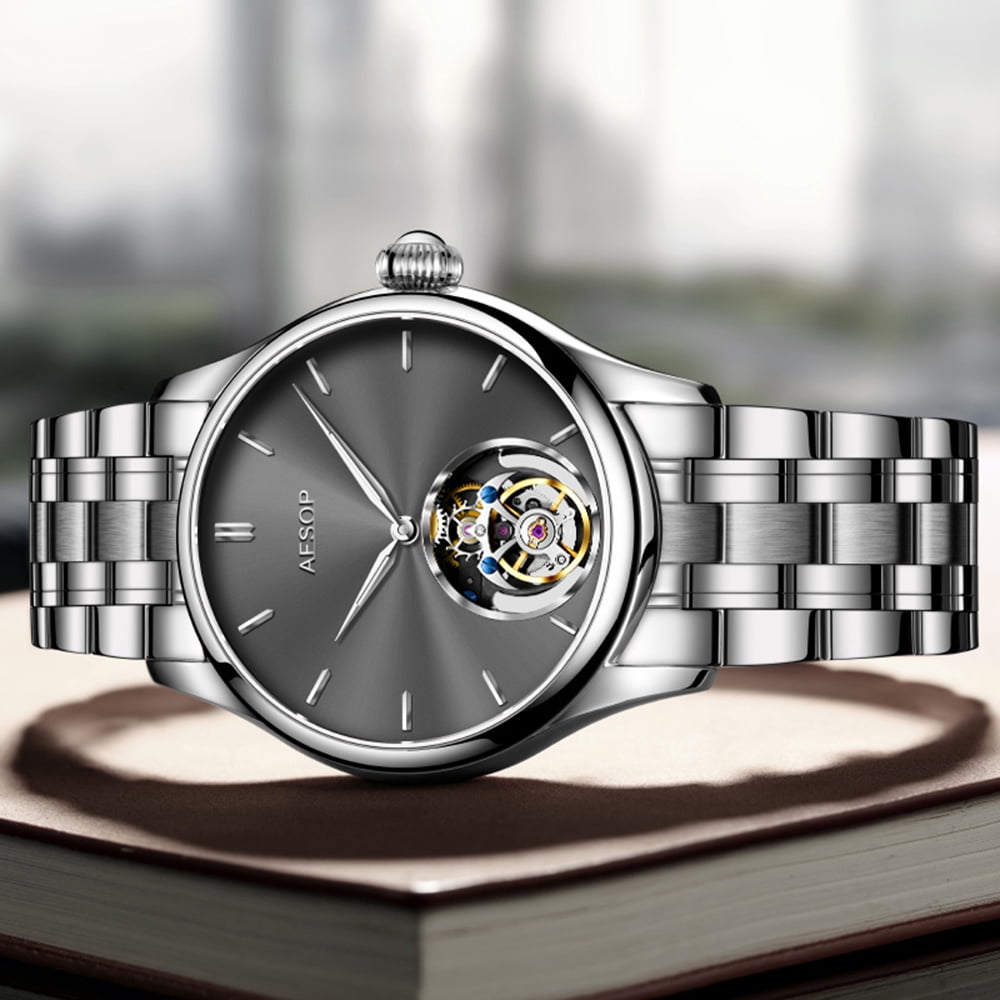 2025 AESOP 100% Tourbillon Mechanical Watch For Men Silver Steel Belt BUSINESS Fashion Mens Watches Manual Mechanical Waterproof