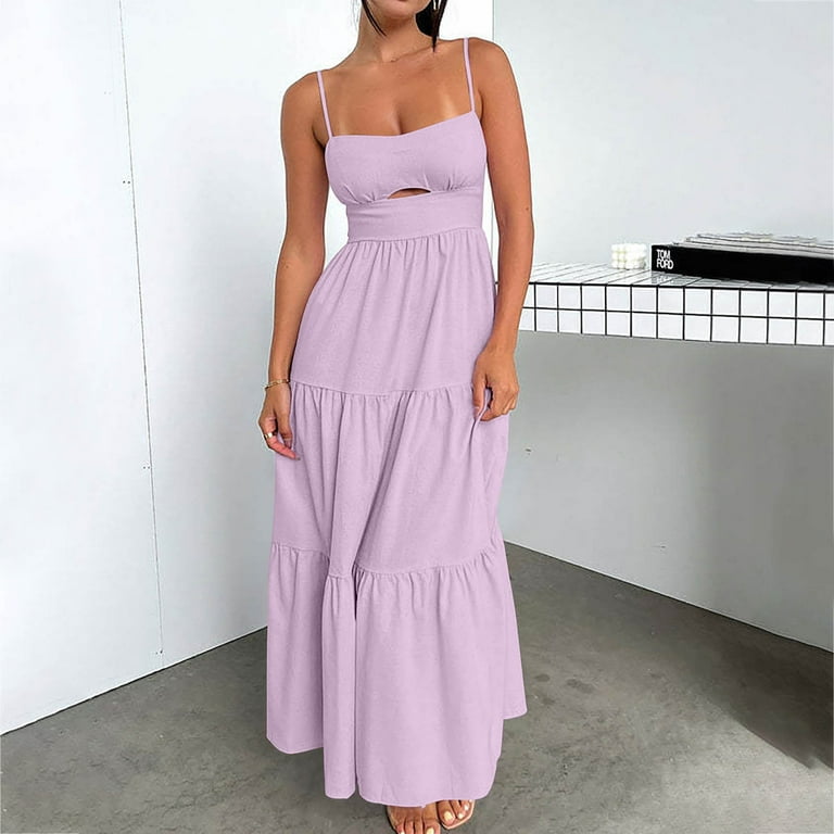 Atoysoy Women's Maxi A Line Cutout Dress Solid Color Retro Trendy Workout Sleeveless Summer Sundress Square Neck Boho Beach Elegant Casual Tiered High