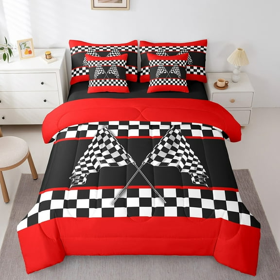 Erosebridal Checkered Flag Bedding Sets Twin Size,Race Track Comforter Sets with Sheets,Sport Theme Bed in a Bag Twin size,Microfiber Male Bedroom Decor,Reversible,7-Piece