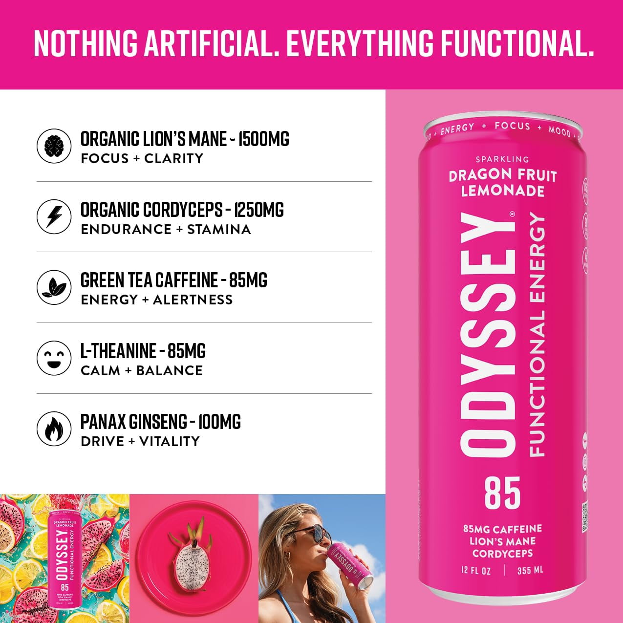 Odyssey Sparkling Mushroom Elixir, Energy and Focus Drink, 12 Cans