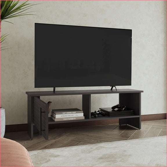TV Furniture 47” Wide Modern TV Stand with Door Cabinet & Open Shelf | Dark Walnut | Primary Living Space
