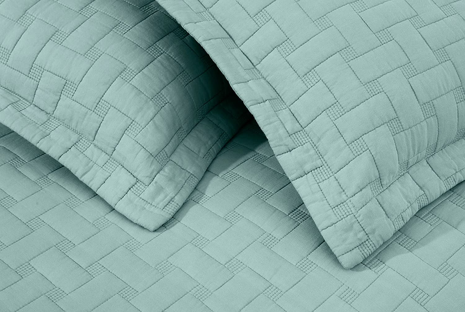 Chezmoi Collection Vert 3-Piece 100% Cotton Quilt Set Queen Size, Aqua, Modern Basketweave Stitched Quilt Lightweight Washed Cotton Bedspread for All Season