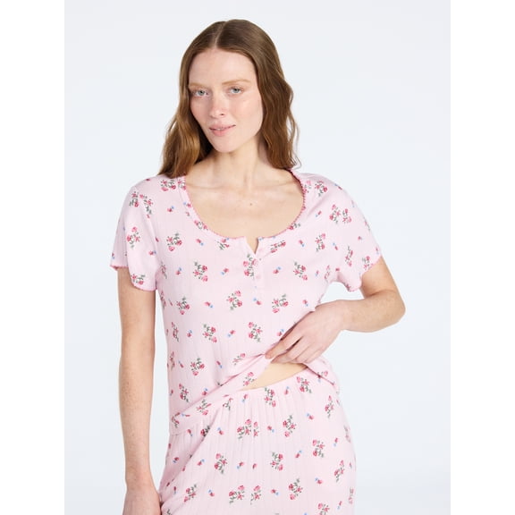 Joyspun Women’s Pointelle Knit Sleepwear Henley Tee with Short Sleeves, Sizes XS-3X