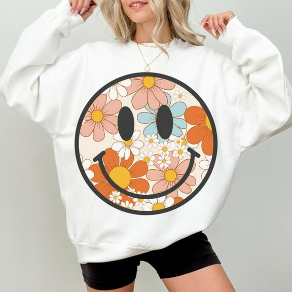 Flowering Summer Smiley Face Sweatshirt, Daisy Summer Pullover, Distressed Groovy Smile Sweater, Aesthetic Cozy Summer Sweatshirt