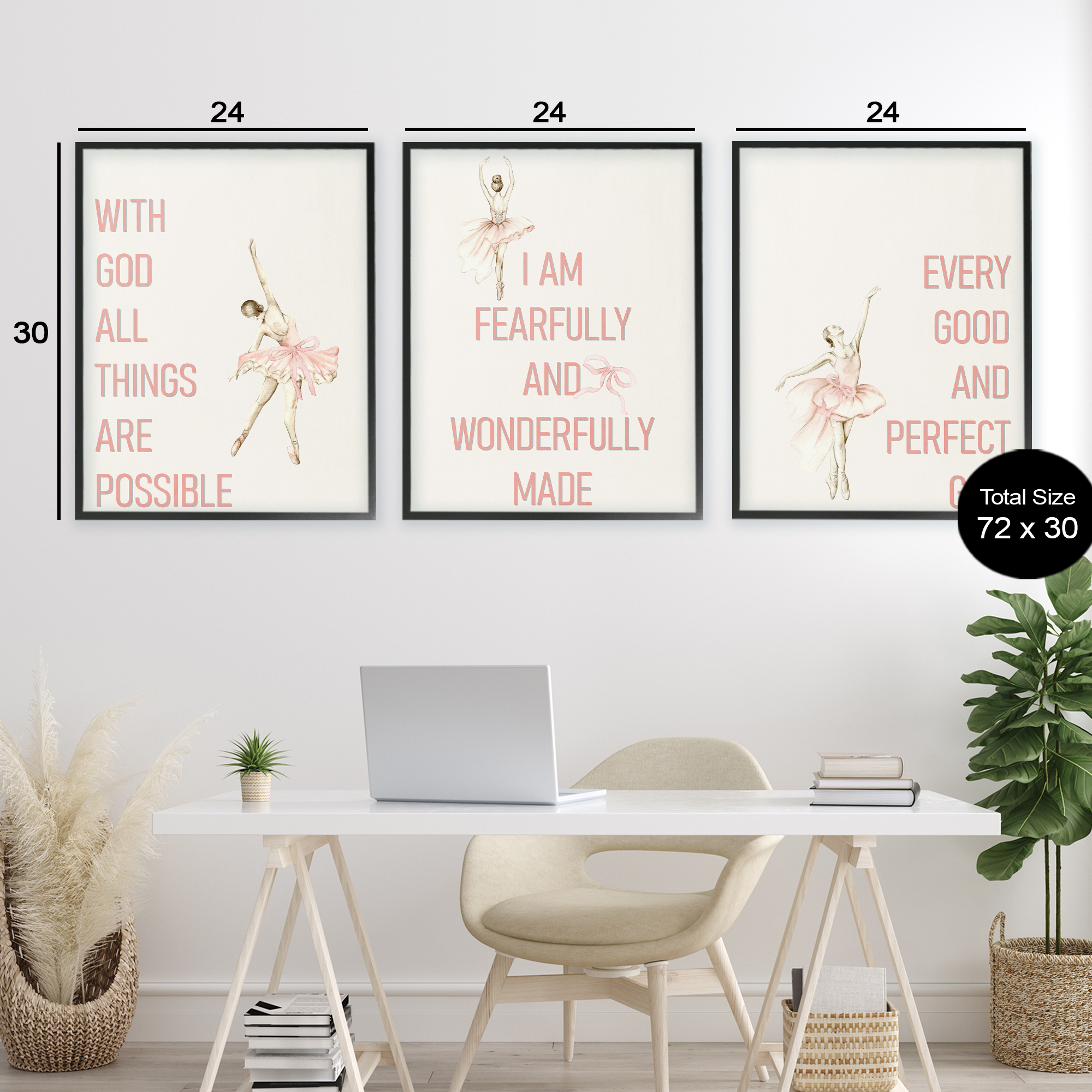Faith Sentiments with Ballerinas 3 Piece Black Framed Giclee Art Set, design by Kim Allen