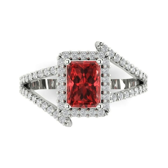 1.935 ctw with Simulated Diamond Halo Accents Anniversary Ring for Women | Emerald Cut Natural Garnet | Hyperallergenic Solid 14K White Gold