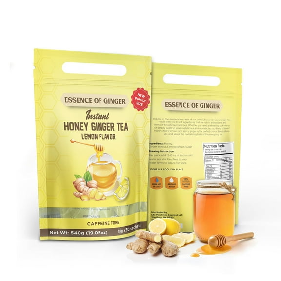 Natural Honey Lemon Ginger Root Herbal Crystals 30 Packets Instant Beverage 18 Grams Made With Real Pure Honey, Fresh Refreshing Lemon Citrus - Caffeine Free- Resealable Bag - Individually Wrapped