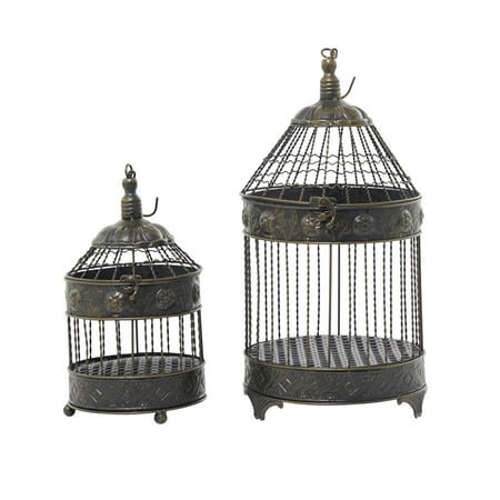 DecMode Floral Antique Twisted Rod Bronze Metal Birdcage with Latch Closure and Hanging Hook, Set of 2