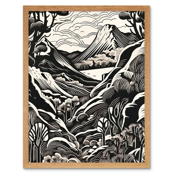Forest Mountain Landscape Black and White Linocut Art Print Framed Poster Wall Decor 12x16 inch