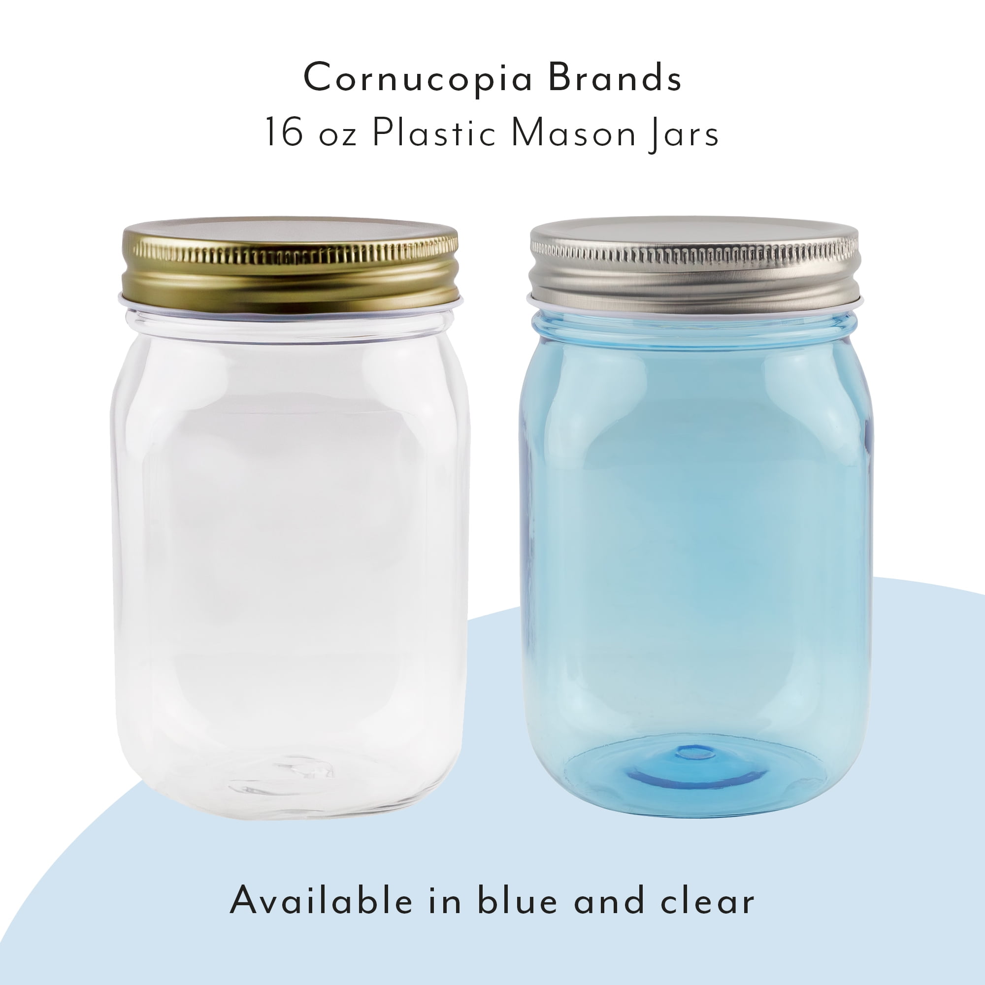 Cornucopia 16-Ounce Clear Plastic Mason Jars (8-Pack, Silver Metal