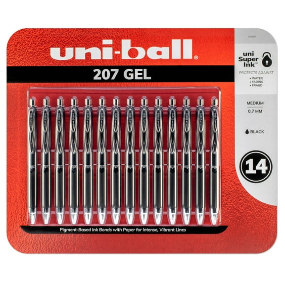 Uni-ball 207 Gel Pens, Black Ink, Retractable, 14 Count