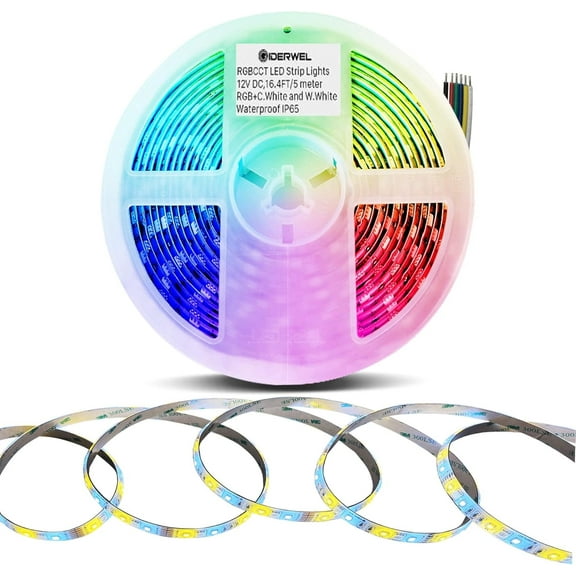 RGBWW LED Light Strip, 12 feet (about 5.0 meters), dimmable RGB cool white warm white color change, 450 LEDs (2700K-6000K), 6-wire 12V RGBCCT full-color atmosphere LED light strip, only the light