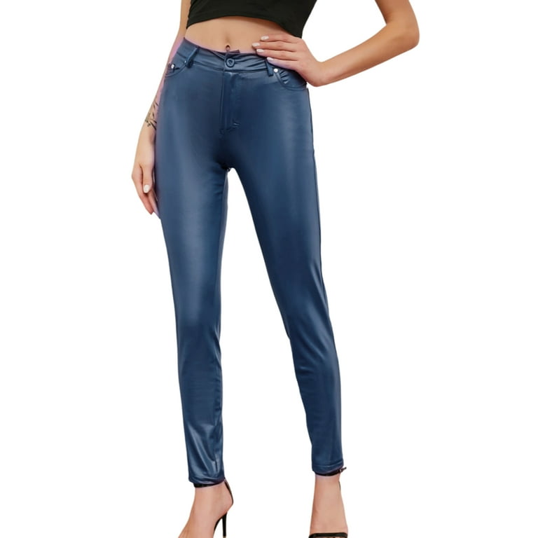 Women Wet Look Faux Leggings Shaping Butt Up Leather Trousers -