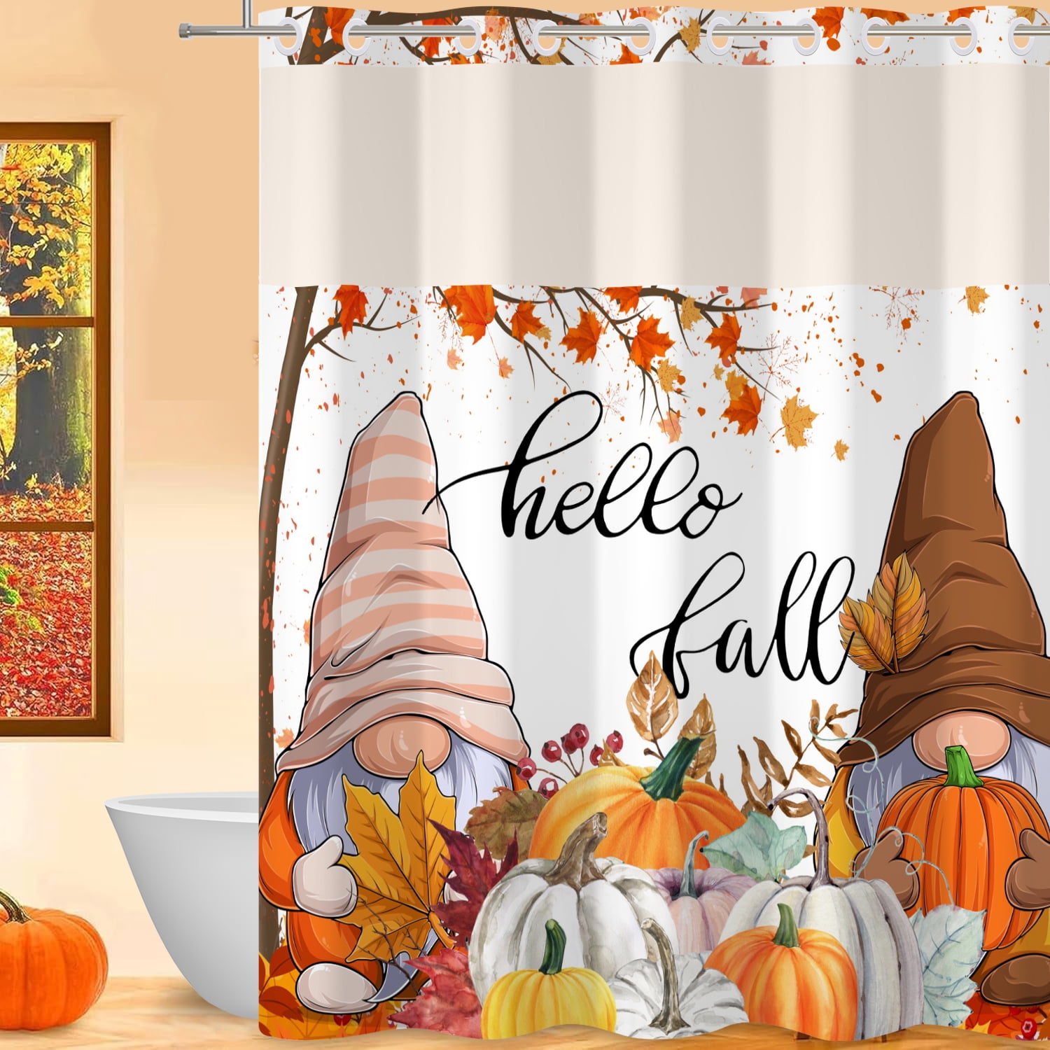 MIZHONA Fall Thanksgiving Shower Curtain with Snap in Liner,Gnomes and Pumpkin No Hook Fabric Bathroom Curtain,71"× 83"