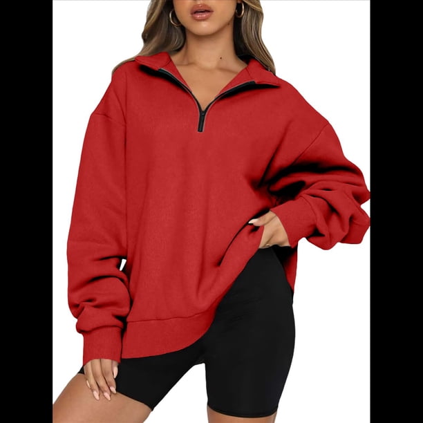 Sudadera de Entrenamiento de con Media Cremallera para Mujer, de Gran Tamaño, de Larga, Color Liso, con Hombros Caídos. Rojo L