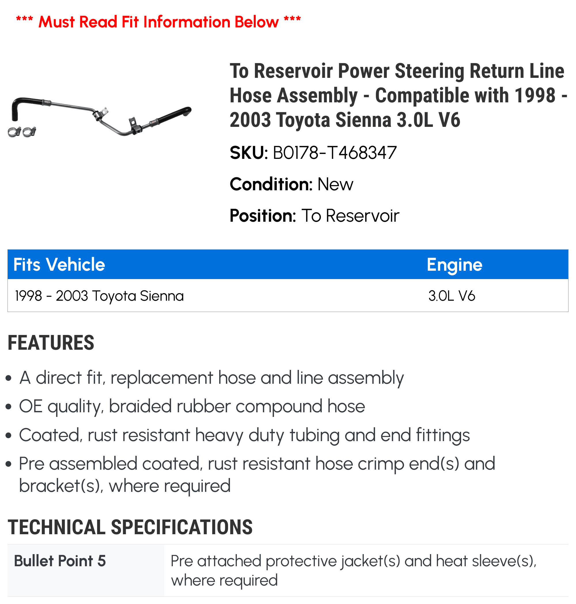 To Reservoir Power Steering Return Line Hose Assembly - Compatible with 1998 - 2003 Toyota Sienna 3.0L V6 1999 2000 2001 2002