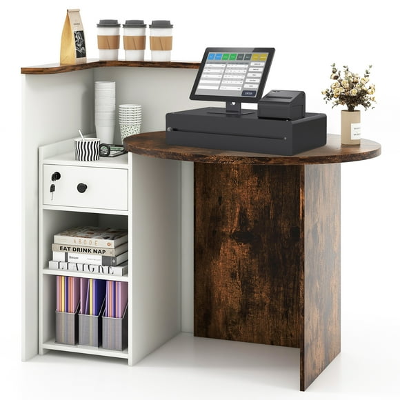 Giantex Reception Desk, Computer Workstation w/Lockable Drawer & Open Shelves, Checkout Counter, Rustic Brown & White
