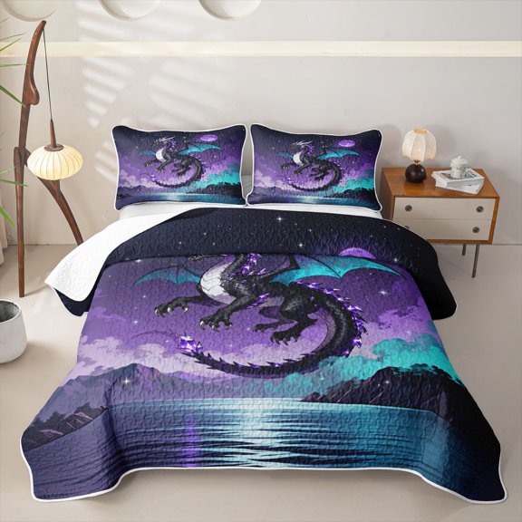 Metsweet Black Purple Dragon Twin Quilt Set, Gradient Starry Sky Twin Coverlet Set